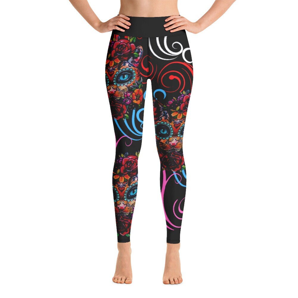 Sugar skull cats leggings, Skull leggings, Cat leggings, cute black girls exercise leggings, Christmas leggings, Holiday leggings, Leggings