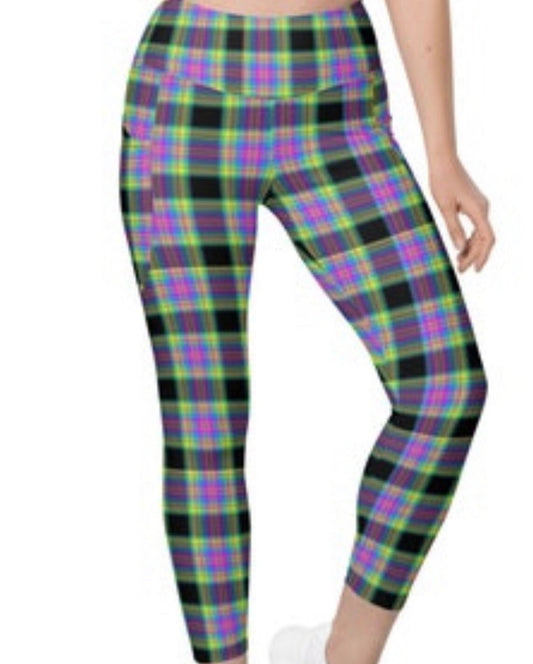 Womens leggings with pockets, Cute plaid leggings, Leggings for girls, Plaid neon leggings, Cute workout leggings, High waisted leggings